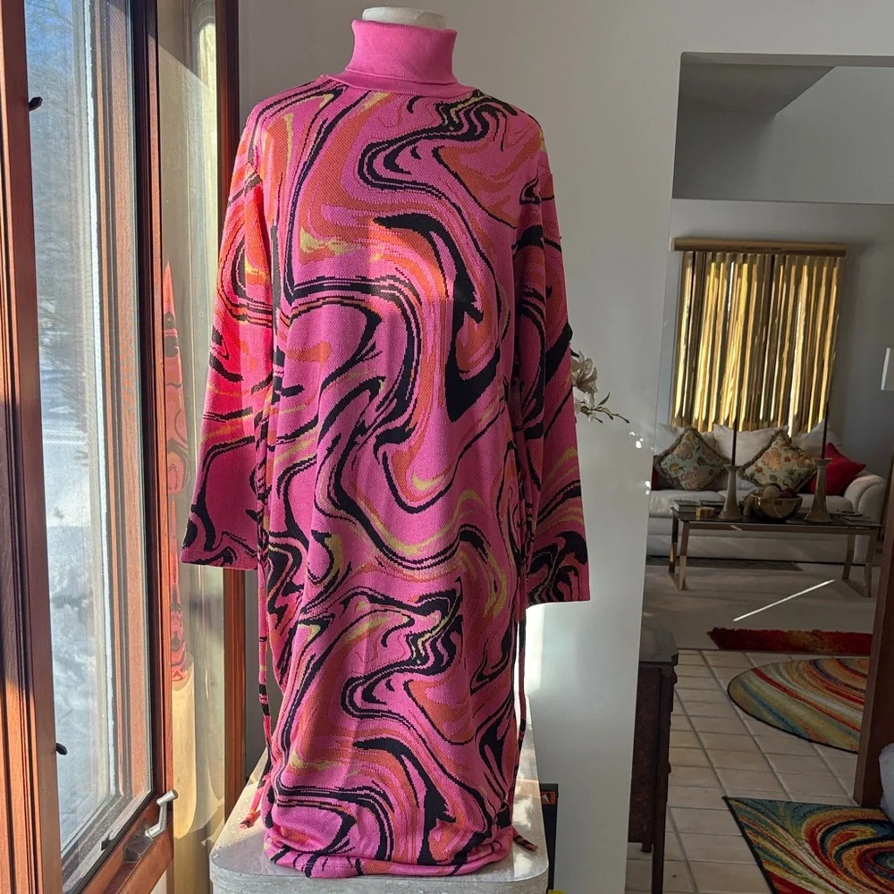 NWT Beautiful Zara Turtleneck pink, orange, black & lime green sweater dress. - Picture 1 of 11